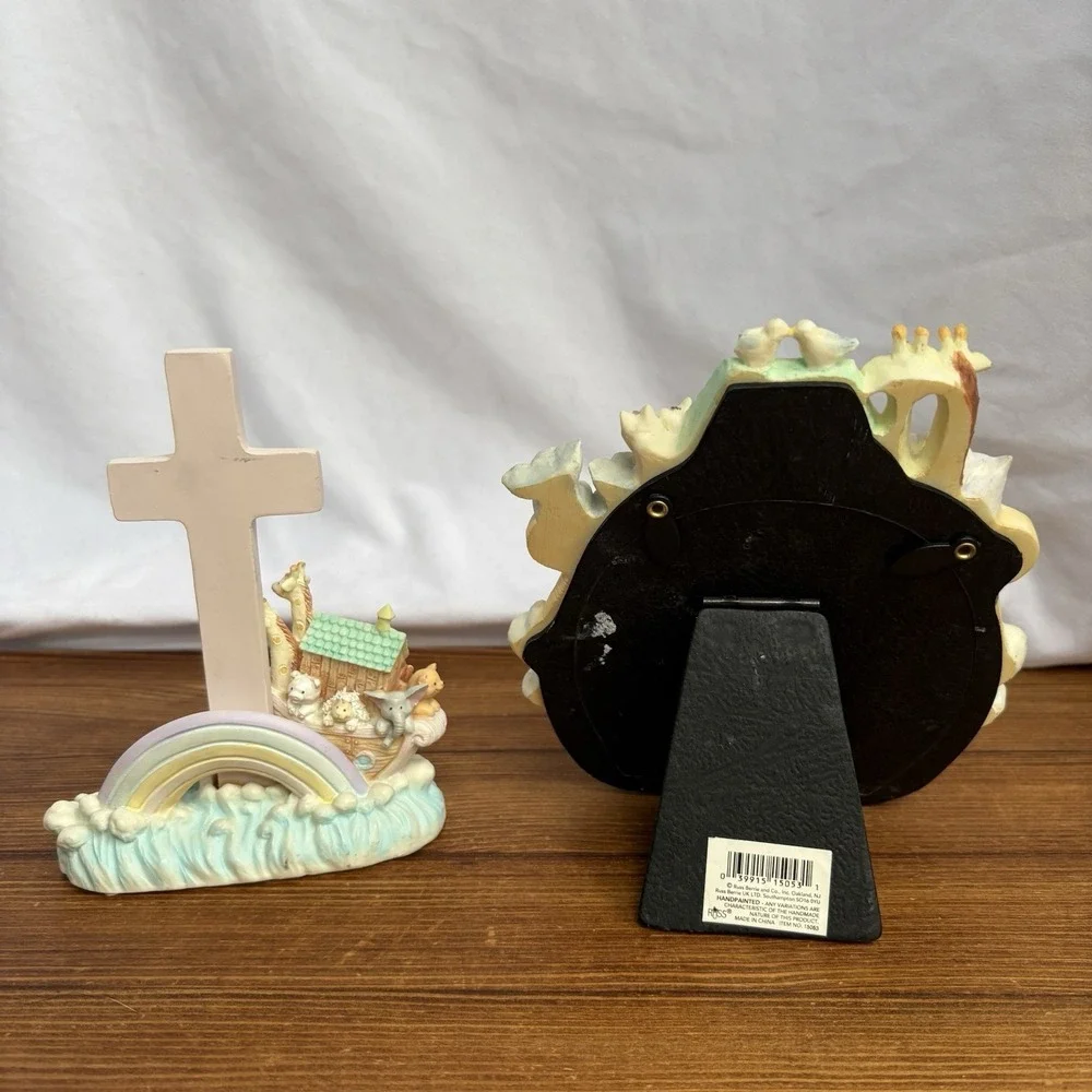 Russ Noah's Ark Cross & Round Photo Frame Set Nursery Baby Christian Decor